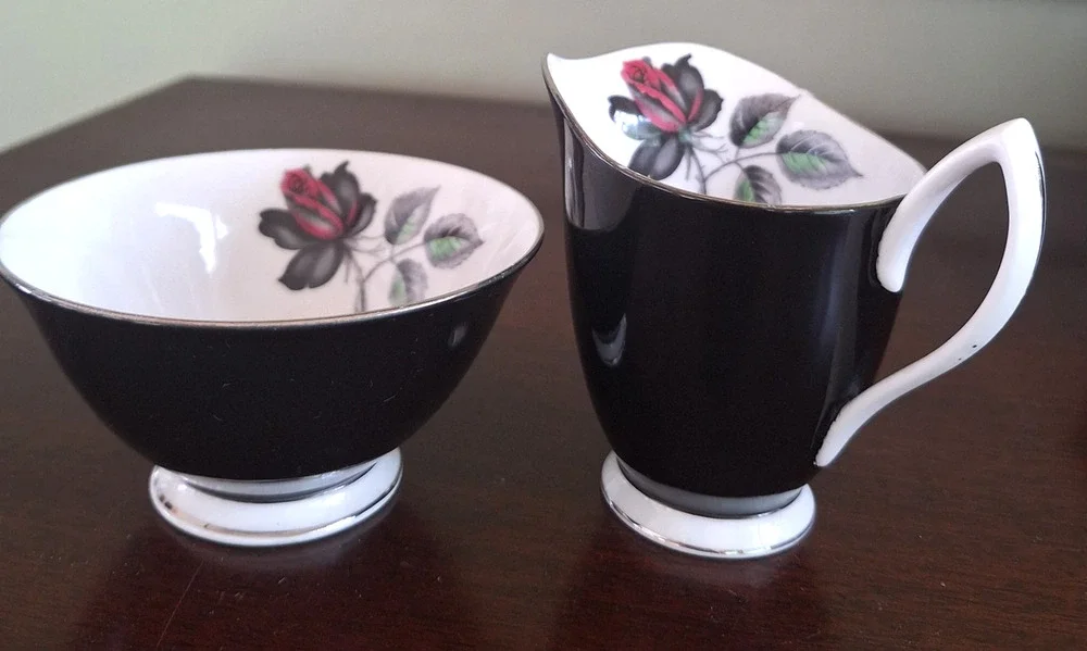 Royal Albert Masquerade Mini Open Sugar and Creamer 1950s Platinum Rim Black